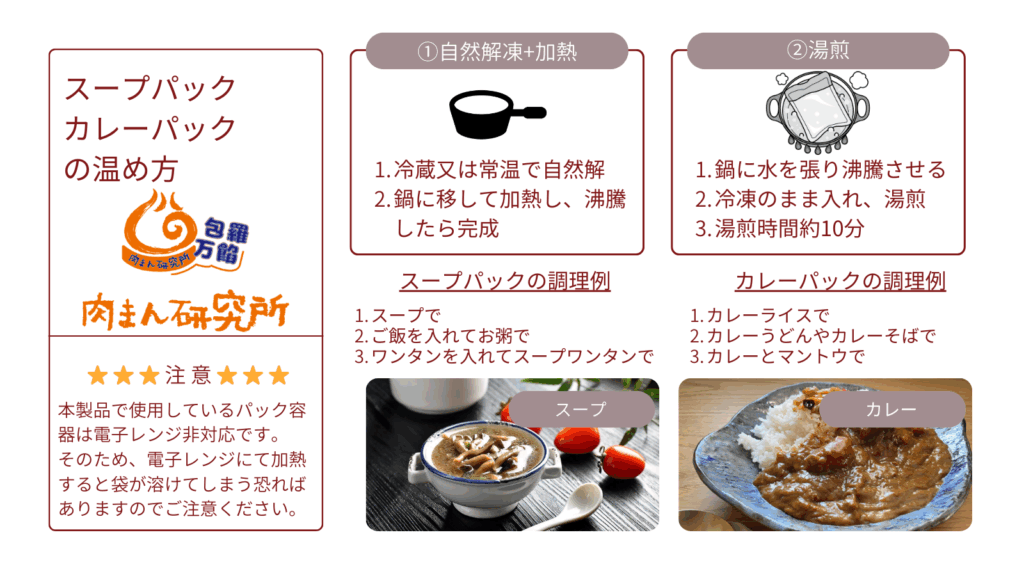 スープとカレーパックの調理方法説明書